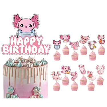 Imagem de XINYIDL Topos de cupcake hexagonais para decoração de festa rosa de dinossauro, topo de bolo de feliz aniversário, decoração de mesa de bolo para tema de desenho animado, festa, chá de bebê
