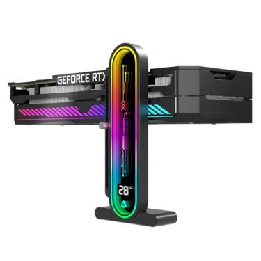 Imagem de ARGB Suporte GPU com exibição de temperatura, suporte universal GPU de 5V 3 pinos, suporte de placa de vídeo gráfica com altura ajustável, DY7-preto