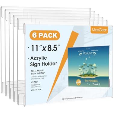 Imagem de Suporte de placa de acrílico MaxGear para placa de 8,5 x 11 suportes de placa de plástico, moldura transparente 8,5x11 suporte de parede suporte de placa de parede com adesivo de fita 3M, para Plexiglass, Flyer, pôster, porta, documento, pacote com 6