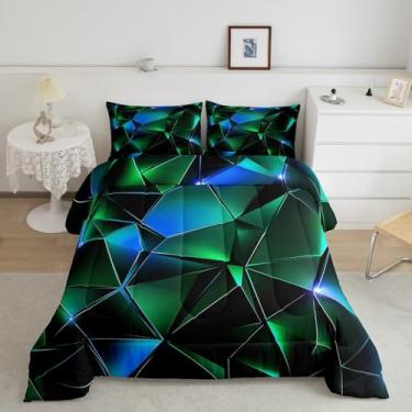 Imagem de jejeloiu Conjunto de edredom com colmeia para meninos, tamanho casal, verde ombré, para meninas e adolescentes, edredom geométrico, respirável, macio, leve, microfibra para decoração de quarto, 3