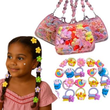 Imagem de Kit de Acessórios Cabelo Infantil Presilhas Coloridas Fofas Bolsinha Decorativa Rosa com Alça em Contas (Flores da Alegria)