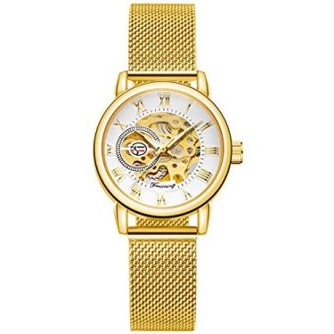 Imagem de FORSINING Relógio de pulso feminino moderno esqueleto feminino casual à prova d'água com pulseira de malha de aço inoxidável, 01 - ouro branco, Mecânico