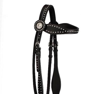 Imagem de Cabeceira de cavalo ocidental unissex de couro SIE com design manchado (pônei, preto)