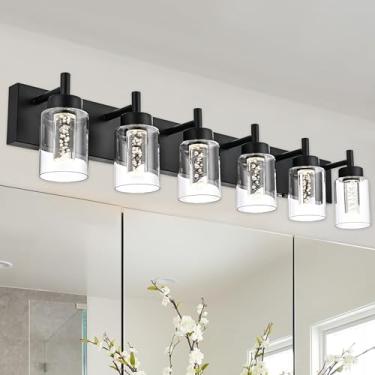 Imagem de VINLUZ Luminárias De Led Para Banheiro, 6 Arandelas Parede Internas Com Cúpula Vidro Transparente E Lâmpada Cristal, Luzes Pretas Espelho, Cozinha, Sala Estar, Galeria (Lâmpadas Incluídas)