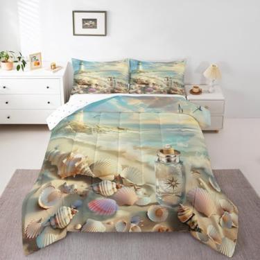 Imagem de jejeloiu Jogo de cama Queen com tema de praia, verão, oceano, ondas, farol, mar, mar, costeira, estrela-do-mar, concha, concha, edredom para decoração de quarto