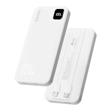 Imagem de Basike Power Bank, Carregador Portátil Universal 10000mAh, USB-A(até 22.5W)+USB-C(até 20W), com 2 Cabos Integrados (USB-C, Lightning) Carregamento Rápido, Led Indicador de Bateria (Branco)