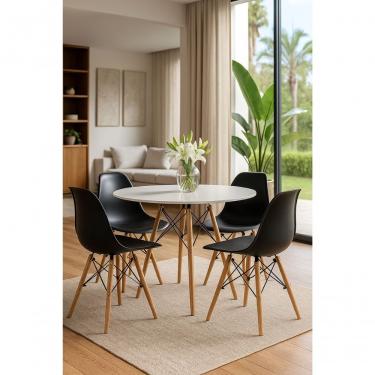 Imagem de Jogo Mesa Sala Cozinha Jantar Redonda Eiffel 80cm Elegante Branca Mdf Com 4 Cadeiras Charles Eames Pretas