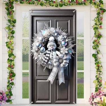 Imagem de BlissYard Capa para porta de Natal, boneco de neve, prata, 89 x 188 cm, guirlanda de inverno, para pendurar na parede com cachecol xadrez, enfeites de glitter e laço para varanda da frente, ambientes