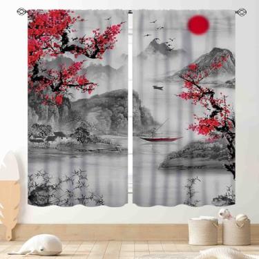 Imagem de Cortinas asiáticas, pintura a tinta tradicional, natureza, paisagem, montanhas, flores de cerejeira, floral, estilo japonês, vermelho, cinza, cozinha, sala de estar, quarto, banheiro, janela, cortinas