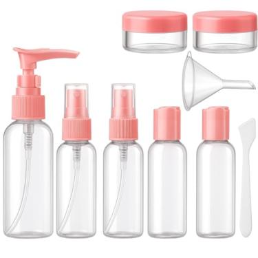 Imagem de Frascos para Viagem Kit 9 Peças com Estojo Transparente Ideal para Shampoo Condicionador Sabonte Líquido Cremes Hidratante com Funil para Encher Recipientes Cosméticos (Rosa)