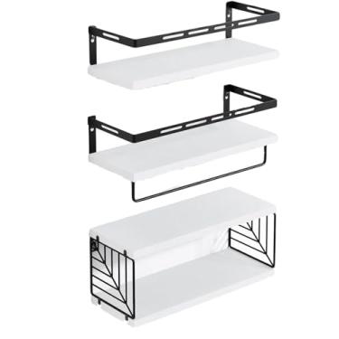 Imagem de Prateleiras de banheiro sobre vaso sanitário montadas na parede 3+1 prateleiras flutuantes de madeira rústica com moldura de metal e barra de toalha para banheiro, sala de estar, quarto e cozinha