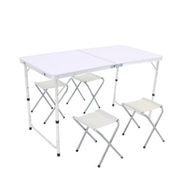 Imagem de Kit Mesa Dobrável Portatil Que Vira Maleta Camping Praia Churrasco 120x60cm Com 4 Bancos Banquinhos