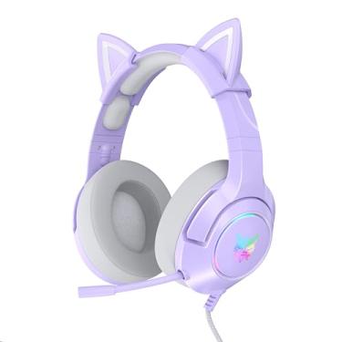 Imagem de Fone de ouvido para jogos para PS4, PS5, Xbox One X/S (sem adaptador), fones de ouvido com fio de 3,5 mm com orelhas de gato destacáveis, microfone com cancelamento de ruído, luz de fundo RGB, som