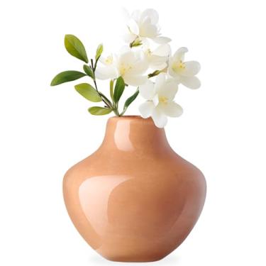 Imagem de Torre & Tagus Vaso de vidro soprado com boca de 10 cm para flores - Vaso de mesa pequeno laranja opaco e pequeno detalhe laranja feito à mão para decoração de casa terrosa, vasos de botão neutro como