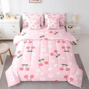 Imagem de Erosebridal Jogo de cama kawaii, solteiro, de cerejeira, princesa, sonhadora, rosa, para crianças, adolescentes, conjunto de cama de frutas em um saco, margaridas brancas, decoração de quarto