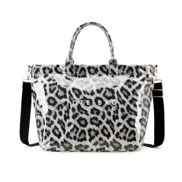 Imagem de GISMTR Bolsa feminina grande de PVC com estampa de letras, bolsa de ombro de papel kraft para trabalho e viagens, Estampa de leopardo preto
