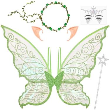 Imagem de Fantasia de asas de fada para adultos e meninas, conjunto de asas de borboleta com varinha de guirlanda floral, orelhas de elfo para mulheres, Halloween, cosplay, festa, verde