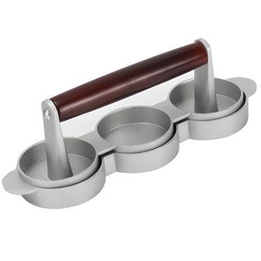 Imagem de Varku Prensa de hambúrguer deslizante com 3 compartimentos, cabo de madeira de faia vermelha, mini prensa de hambúrguer compacta para sliders, ideal para casa, cozinha, piquenique, acampamento