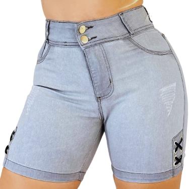Imagem de Short Jeans Cintura Alta Meia Coxa Levanta Bumbum Cinza Com Ilhós
