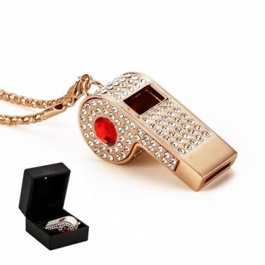 Imagem de ZLMC Apito de strass de corrente de metal, apito de colar, adequado para treinadores, árbitros, salva-vidas, atividades esportivas, adultos. (ouro)