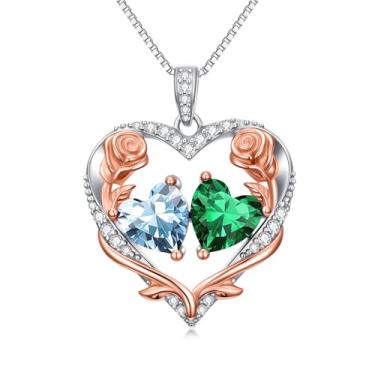Imagem de Zoeniya Colar de coração rosa, presente para mulheres, banhado a ouro branco 18 k, pedra do mês de nascimento de 12 meses, presente de aniversário e Natal para sua esposa, namorada, 25mm, base