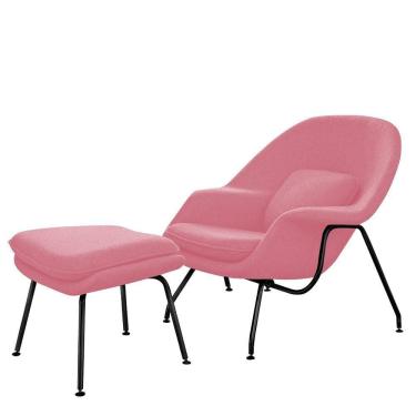 Imagem de Poltrona Womb Chair Com Puff Base Preta Linho Rosa