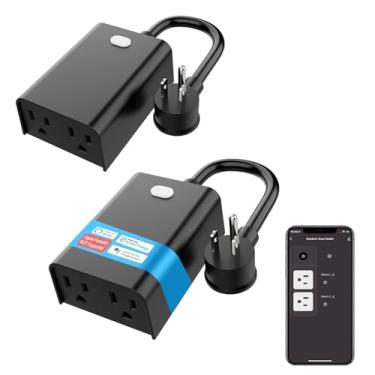Imagem de New One Pacote com 2 plugues inteligentes, saídas duplas IP65 à prova d'água, saída Wi-Fi de 2,4 G, compatível com Alexa, Google Home, Smart Life, controle remoto de voz sem fio, certificado ETL FCC