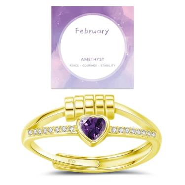 Imagem de Anéis de pedra do mês de nascimento para mulheres, delicados anéis de ansiedade, anel de coração de ansiedade, anel giratório ajustável para mulheres, presentes de aniversário e Natal para esposa