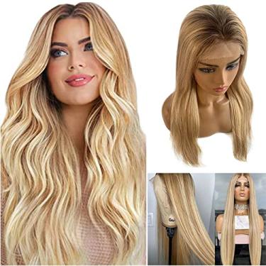 Imagem de Peruca frontal loira com destaques de 71 cm, cabelo humano pré-arrancado, ombré, 613, loiro, marrom dourado, com raízes marrons, 33 x 10 cm, peruca de cabelo humano frontal transparente sem cola, para