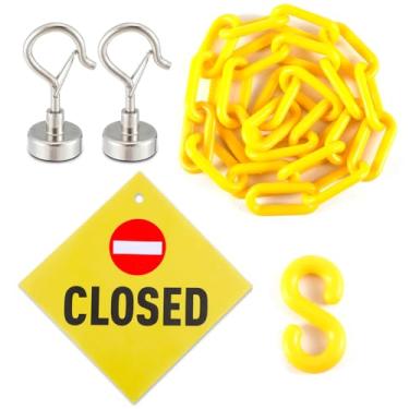Imagem de Kathfly Kit de placa fechada com corrente de 20 x 20 cm e corrente amarela de 5 cm com ganchos magnéticos de metais adsorvíveis e elo de plástico amarelo para corredores divisores de loja aviso de