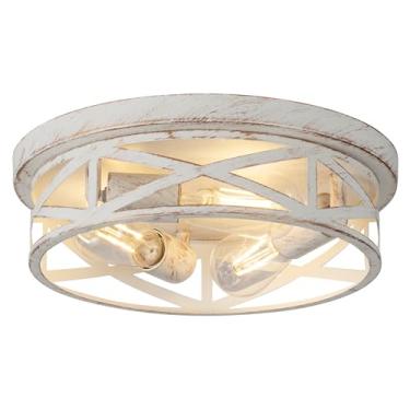 Imagem de WYNEYET Luminária de teto com gaiola de 3 luzes, luzes de teto modernas para ambientes internos, luzes de teto com montagem embutida de metal branco e dourado de 33 cm para quarto, sala de estar