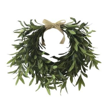 Imagem de Guirlanda artificial de folhas de oliveira de 45,7 cm, guirlanda de vegetação feita à mão com folhas realistas e base de videira de hera natural, decoração de Natal para casa de fazenda com laço de