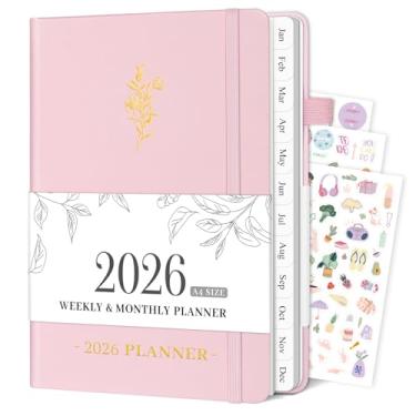 Imagem de Agenda 2026 semanal e mensal, 21,6 cm x 28 cm com abas de janeiro de 2026 a dezembro de 2026, agenda grande de capa dura A4 com data para agenda escolar e escritório, rosa