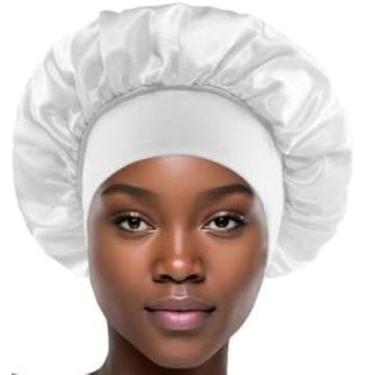 Imagem de Touca de Cetim Grande para Dormir com Faixa Larga Anti-Frizz - Gorro de Cetim com Aba Gigante, Proteção Cabelo Contra Frizz e Toque(1,Branca)