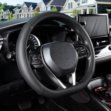 Imagem de SEG Direct Capa de volante em forma de D para rodas de fundo plano de 37-38 cm, couro de microfibra perfurado respirável, aderência antiderrapante, ajuste universal para carros e SUVs, preta