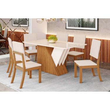 Imagem de Sala de Jantar Completa Épic SC24 Tampo Madeirado c/ Vidro Canto Curvo 160x90cm e 6 Cadeiras Milla Nature/Suede Light Linho - Henn