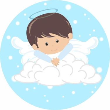 Imagem de Painel de Tecido Sublimado Redondo Anjinho Menino Batizado Azul c/ Elá