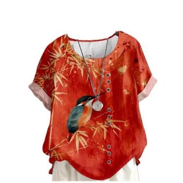 Imagem de Blusa de linho domirica feminina com estampa de pássaros, manga curta,