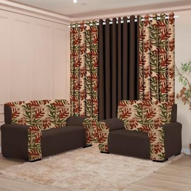 Imagem de Kit Sala com Cortina + Capas de Sofá 2 e 3 Lugares Coladinha Mista (FOLHA DE OUTONO MARROM)