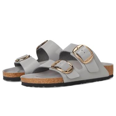 Imagem de Birkenstock Sandália feminina Arizona com fivela grande e brilho alto, Moeda de pedra, 8-8.5 Narrow
