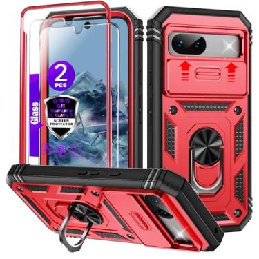 Imagem de Capa para Google Pixel 8A com capa deslizante para câmera, 2 protetores de tela de vidro temperado, suporte de anel giratório de 360°, capa protetora de grau militar para Google Pixel 8A 6,1 polegadas