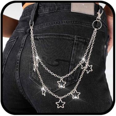 Imagem de Urieo Calça punk Sun Jeans corrente pingente lua corrente carteira ouro corrente estrela gótico metal hip hop bolso corrente para mulheres, one size, liga metálica, Sem Pedra Preciosa