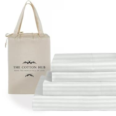 Imagem de Jogo de cama Queen Size 6 peças, 600 fios, algodão pima peruano, cabe até 45 a 53 cm de profundidade (listras, cinza prateado)