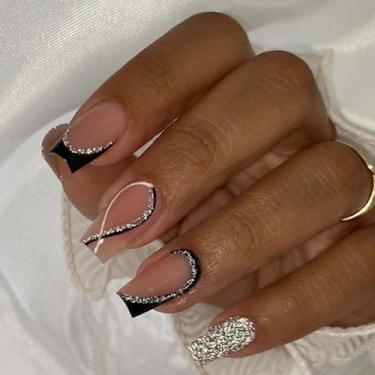 Imagem de Gifiky Unhas postiças - Unhas postiças de pressão em redemoinho, pontas curtas de caixão, unhas postiças com glitter nude para mulheres e meninas, 24 peças