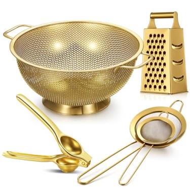 Imagem de Sawysine 5 peças de utensílios de cozinha dourados, incluindo escorredor de ouro de 5 litros e conjunto de 2 coadores, espremedor de limão, ralador de 4 lados de aço inoxidável com alça para cozinha