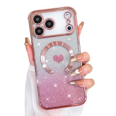 Imagem de Bonoma Glitter magnético para iPhone 17 Pro [compatível com MagSafe], capa luxuosa com estampa de coração de amor, proteção de câmera, capa traseira macia e brilhante para mulheres e meninas, rosa