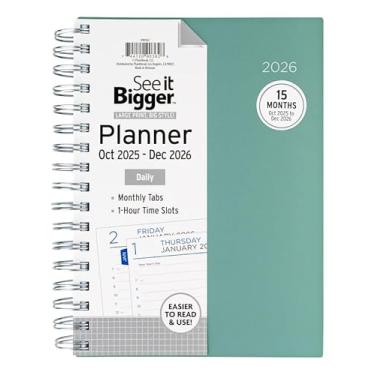 Imagem de See it Bigger Daily Dated Planner – Impressão grande verde sálvia, 17,78 cm x 22,2 cm – Compartimentos de hora em hora, abas mensais, design plano, listas de feriados e referência anual, organizador