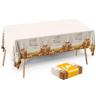 Imagem de ATFUNSHOP Toalha de mesa de outono de Ação de Graças, pacote com 4 unidades, 137 x 272 cm, toalha de mesa descartável de plástico para o Dia de Ação de Graças, toalha de mesa retangular para decoração