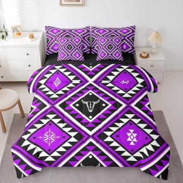 Imagem de Erosebridal Conjunto de edredom rústico king-size, estilo faroeste, 7 peças, para homens, boêmio, sudoeste, chifres étnicos, casa de fazenda asteca, decoração de quarto, diamante geométrico, roxo