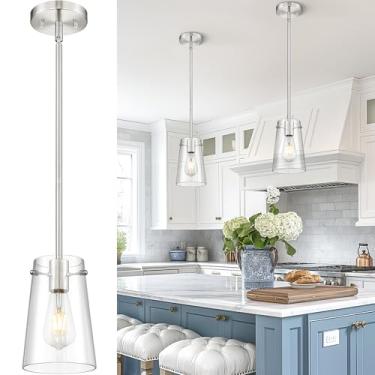 Imagem de Beionxii Luzes pendentes ilha de cozinha, luminárias suspensas de níquel escovado com vidro transparente, iluminação pendente de cozinha sobre ilha, luzes suspensas para pia sala de jantar, entrada